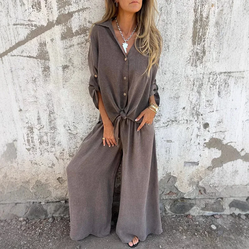 

Leisure Vintage Lady Commuting Outfits Women New Long Sleeve Button Shirts&Pocket Pants Set Elegant Loose Wide Leg Pants 2 Piece