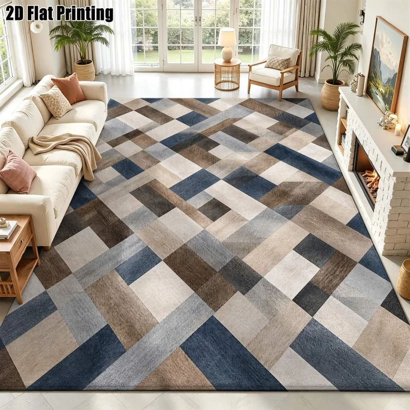 Large Indoor Area Rug, Soft Velvet Low Pile Machine Washable Modern Geometric Patchwork Floor Rug, Neutral Blue Brown Beige Tones, Suitable for Living Room Bedroom Entryway Dining Room