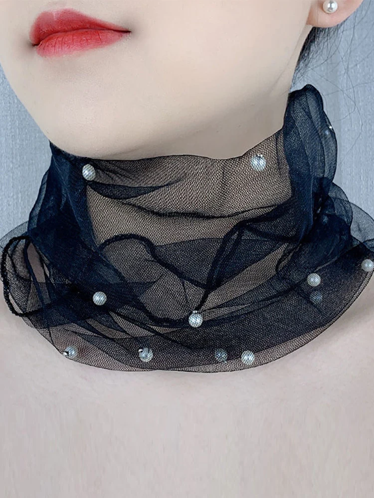 Women Mesh Fake Pearl Collar Scarf Transparent Lace Beaded Scarf Ruffle Neck Cover Bib Headband DIY Sun Protection Neckerchief