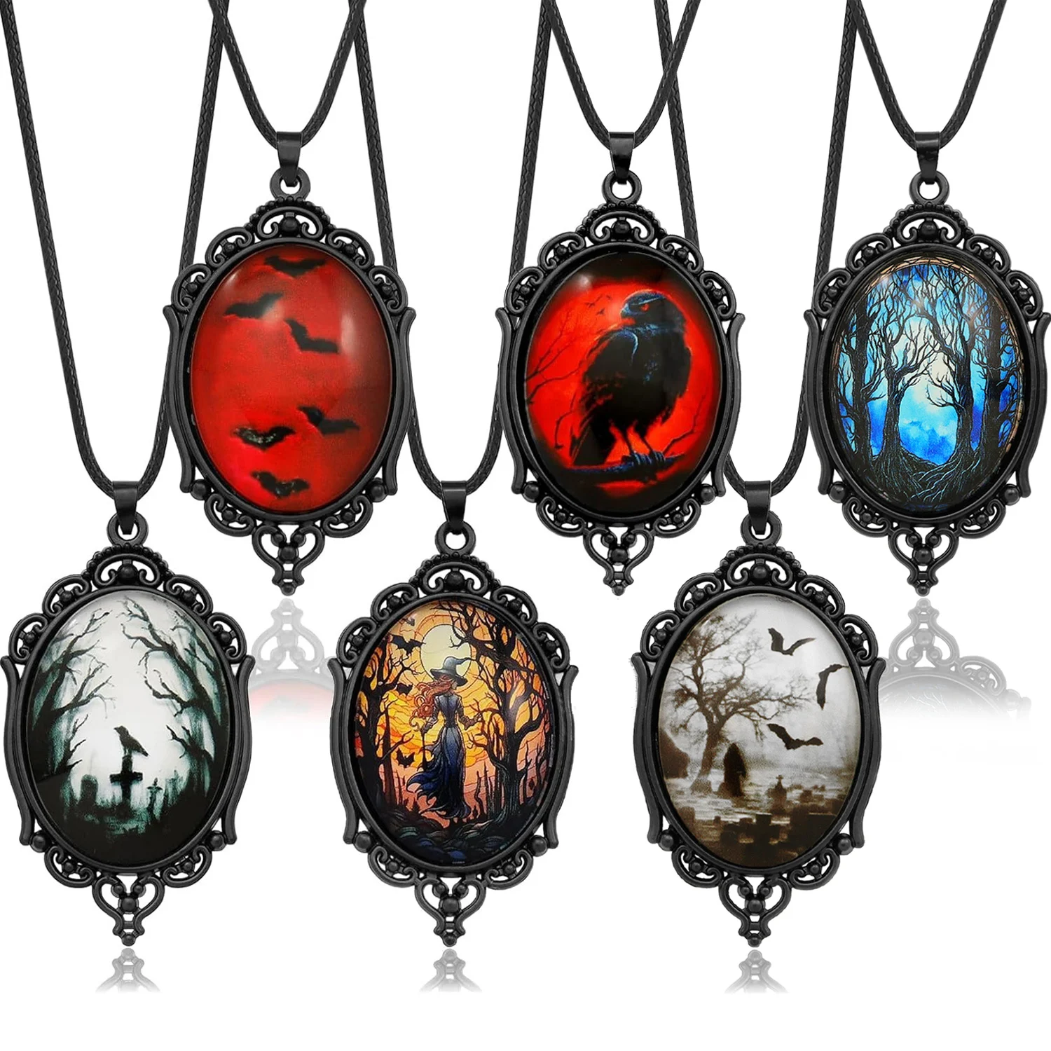 Gothic Raben Kreuz Glas Anhänger Halskette Vintage Seil Kette Krähe Halsreif mystische Hexe Schmuck Geschenk zubehör für Frauen Männer