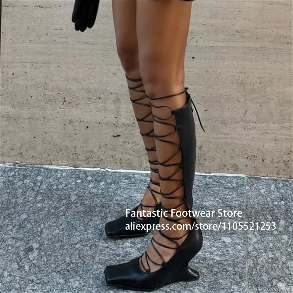 Square Toe Sculpted Wedge Heel Knee High Gladiator Sandals Cross Lace Up Hollow Out Black Casual Fashion Dress Shoes for Women - view 5
