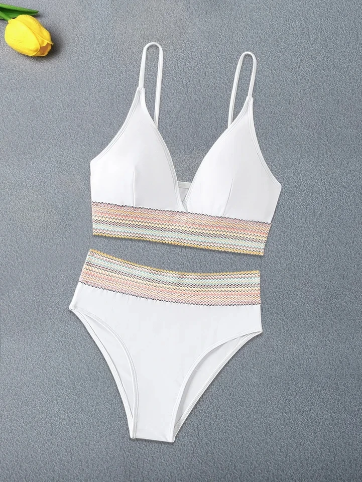 

White 2 Piece Swimsuit Women High Waist V-neck Suspender Backless Bikini Set Beach Vacation Thong Swimwear Bathing Suit 2025 New
