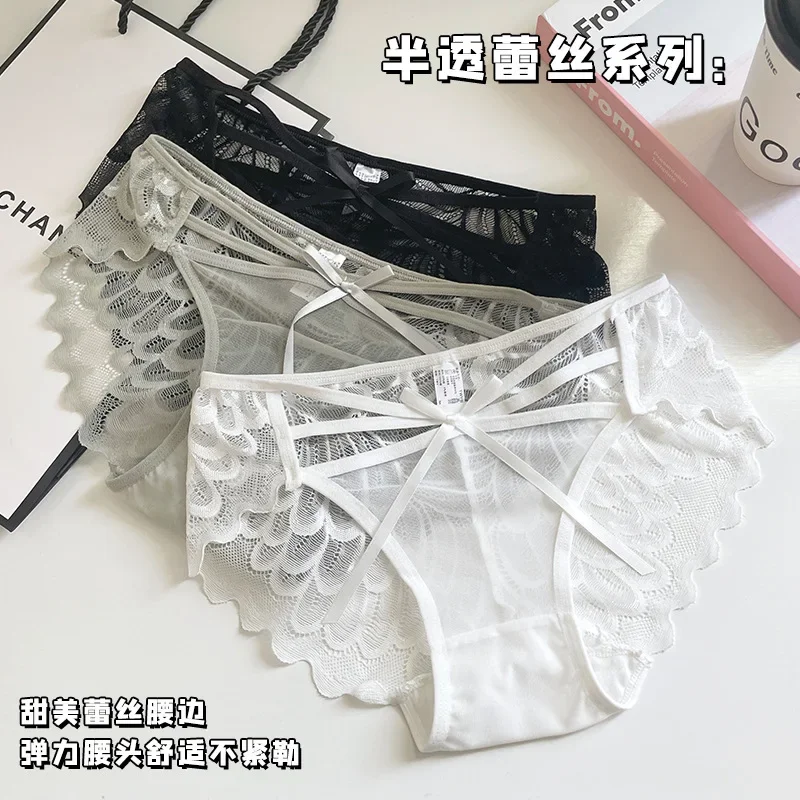 Lace Underwear Women Sexy Low Waist Cross with Mesh Hollow Briefs Pure Cotton Crotch Lift Hip Breathable Quick Drying Panties