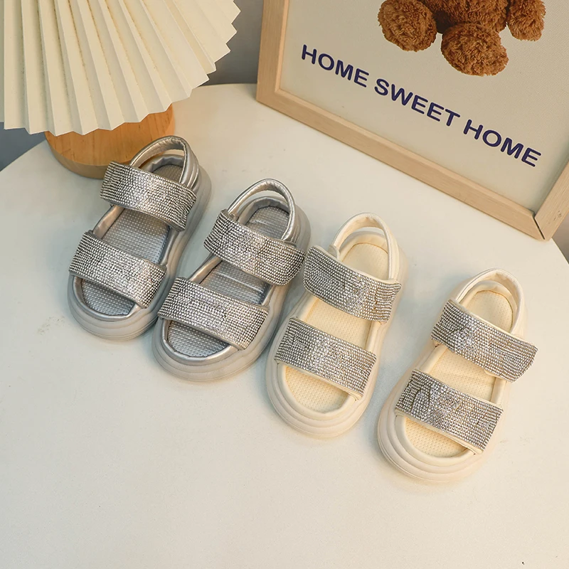 Children's Sports Sandals Boy's 2024 New Rhinestones Shiny Full Girl's White Casual Large Children Sandals Beach Shoes