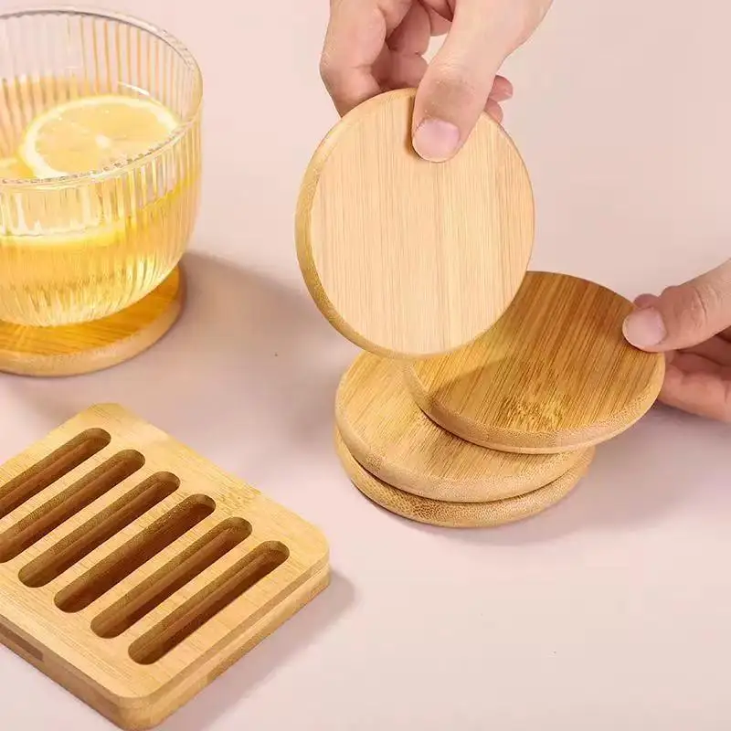 Bamboo Coaster Set Simple Round Cup Holder Heat Resistant Anti-scald Mats for Home Office Desktop Glass Mug Protection