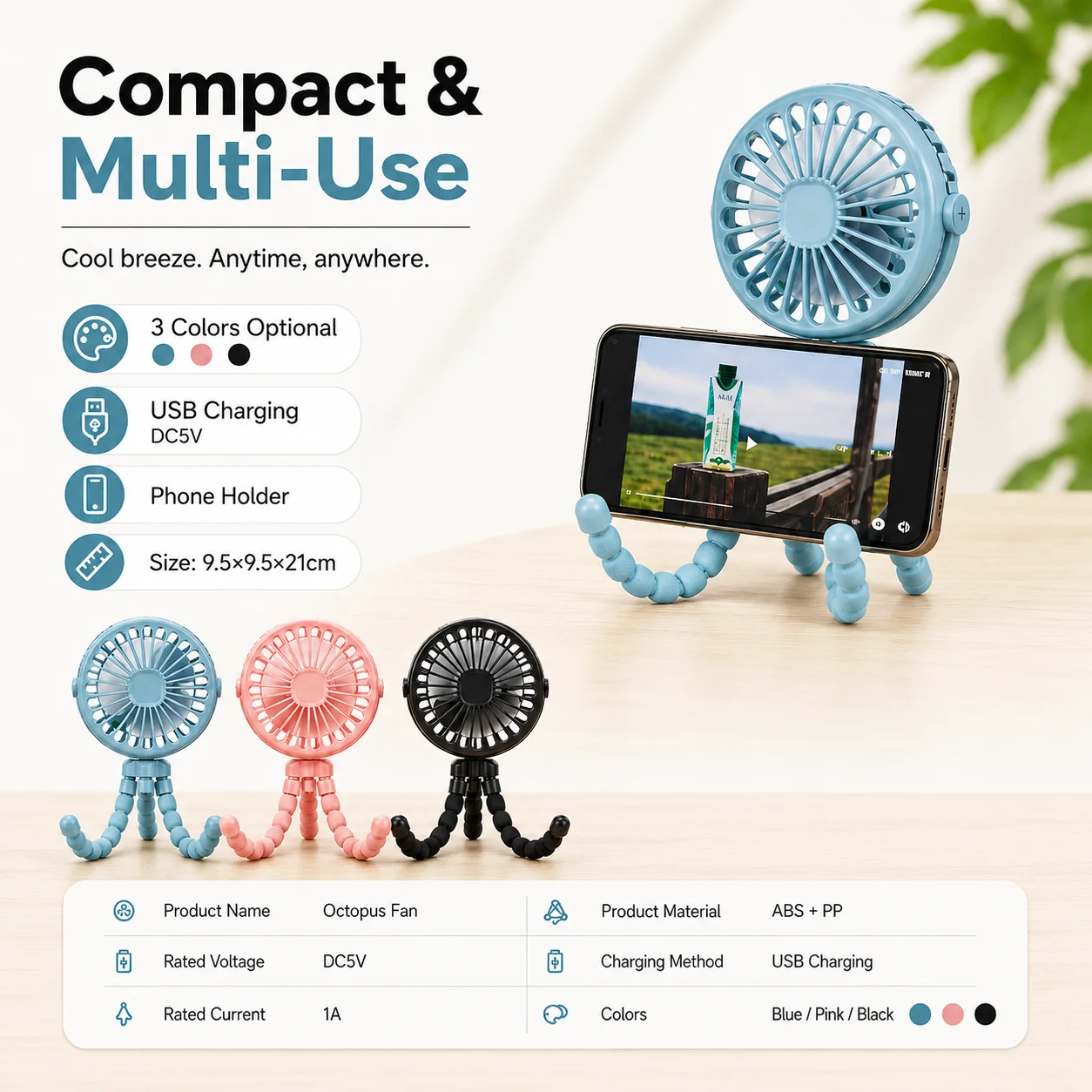 360° Oscillating Baby Stroller Fan, Flexible Tripod Clip-on Portable Mini Fan, USB Rechargeable, Multi-Function Phone Holder