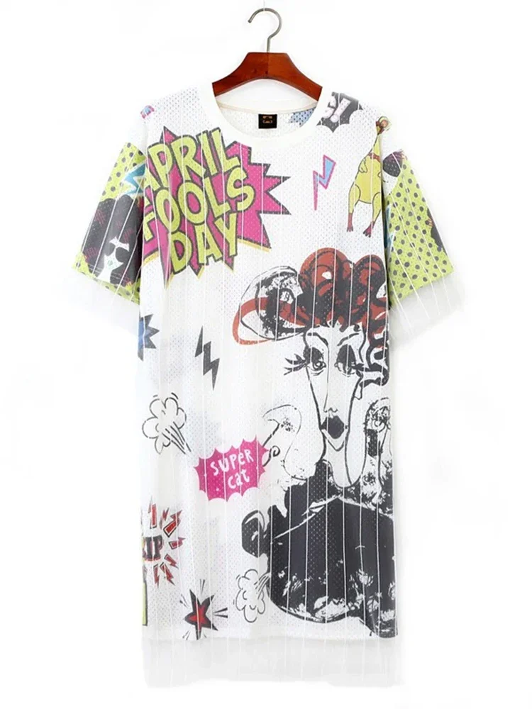 여름 여성 힙합 드레스 조수 브랜드 대형 가짜 투피스 메쉬 티셔츠 드레스 여성 레트로 헤드 샷 공주 드레스 GD296