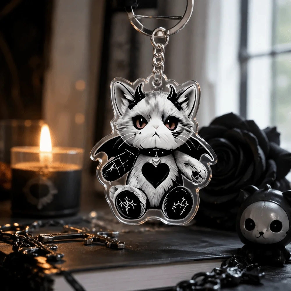 2D Flaches Gruseliges Design Acryl Verletzte Katze Schlüsselanhänger Y2K Kätzchen-Anhänger Ornamente Halloween Taschenanhänger Taschendekoration – Detail 7