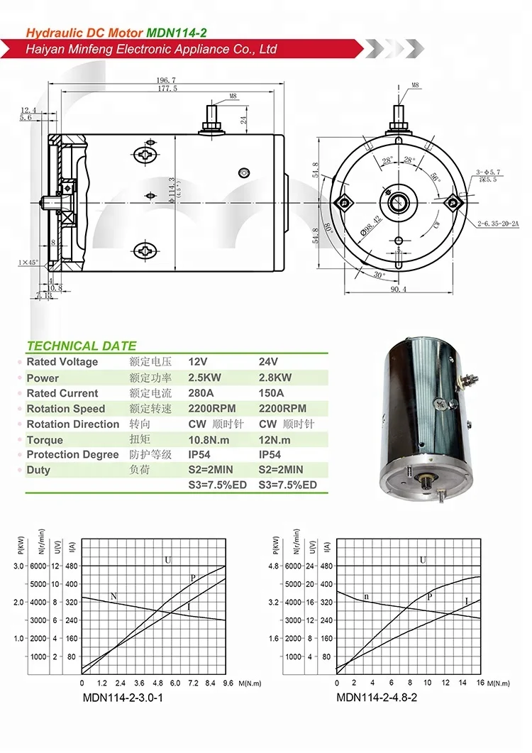 DC 12V Motor 12V 1500W Slot Shaft para elevação do caminhão basculante