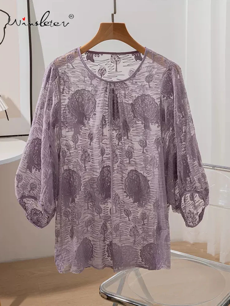 

Winsleter, 100%Real Silk Elegant T-shirt, Woman Lantern Sleeve Embroidery, Loose Sunscreen Tops, 2024 Summer Autumn T47642QC