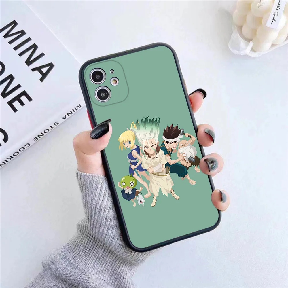 For iphone 16ProMax 15 Pro 14 13 12 Mini 11 7 8 16 Plus XS Max XR Dr. STONE Anime Frosted Translucent Cover Black Phone Cases