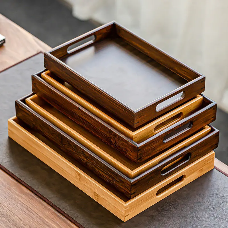 Elegant Bamboo Rectangular Tea Tray with Drainage, Creative Tea Set Server & Cup Saucer for Kung Fu Tea, Home Living Room.