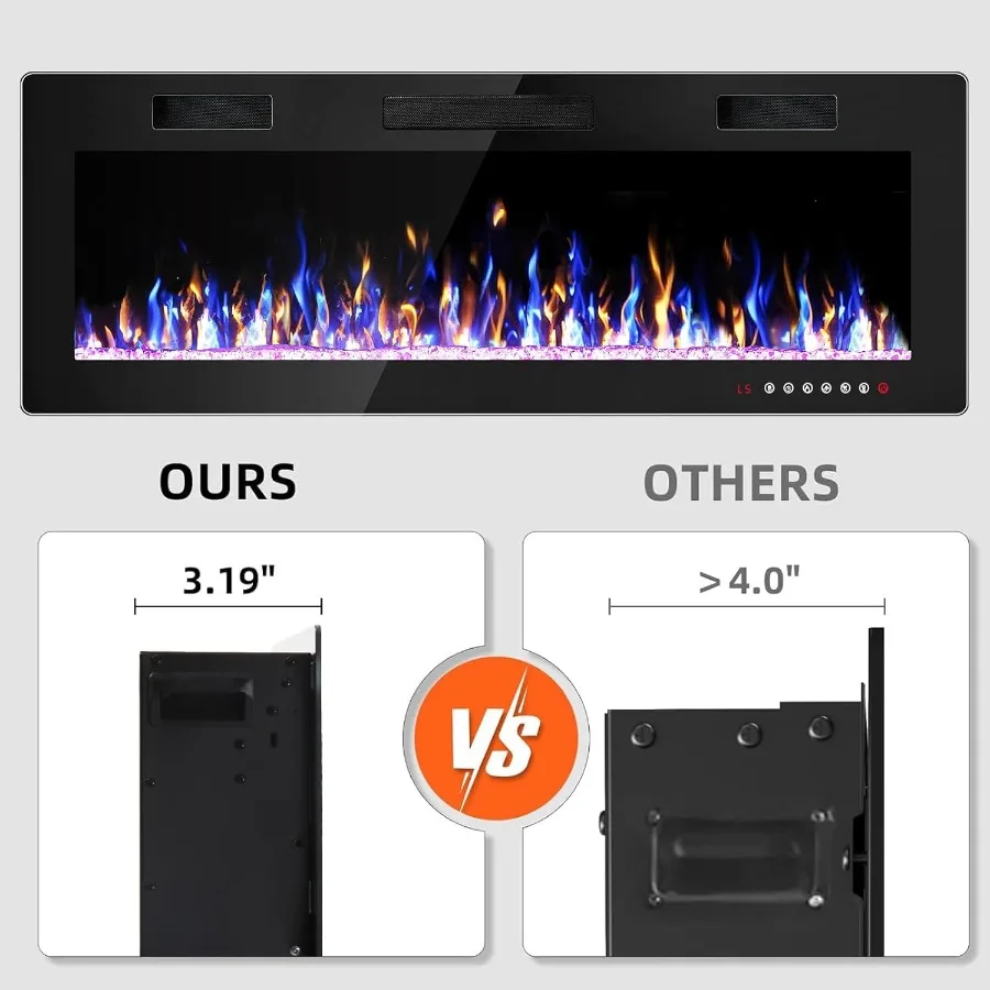 مدفأة كهربائية 50 بوصة، أماكن حريق رفيعة للغاية، مدفأة كهربائية، مثبتة على الحائط مع جهاز تحكم عن بعد #4
