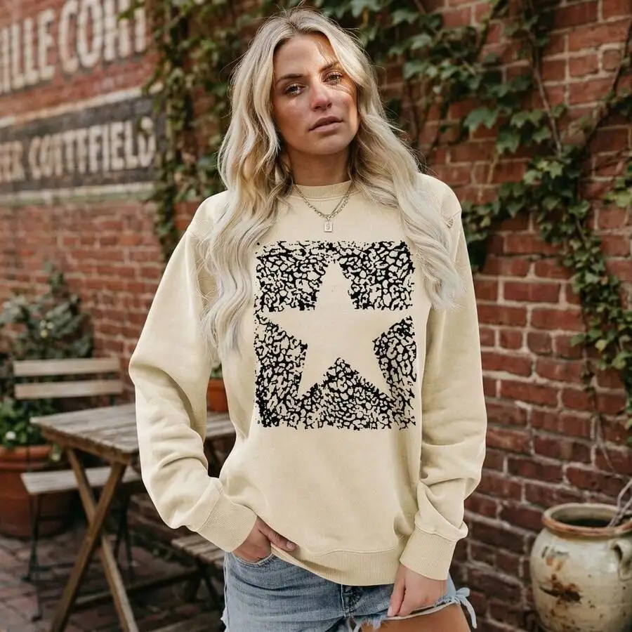 Fall Women Casual Pullover Sweatshirt, Star Graphic Patterned Crew Neck Long‑Sleeve Top, Loose Comfortable Activewear For Daily & Sports Outfits