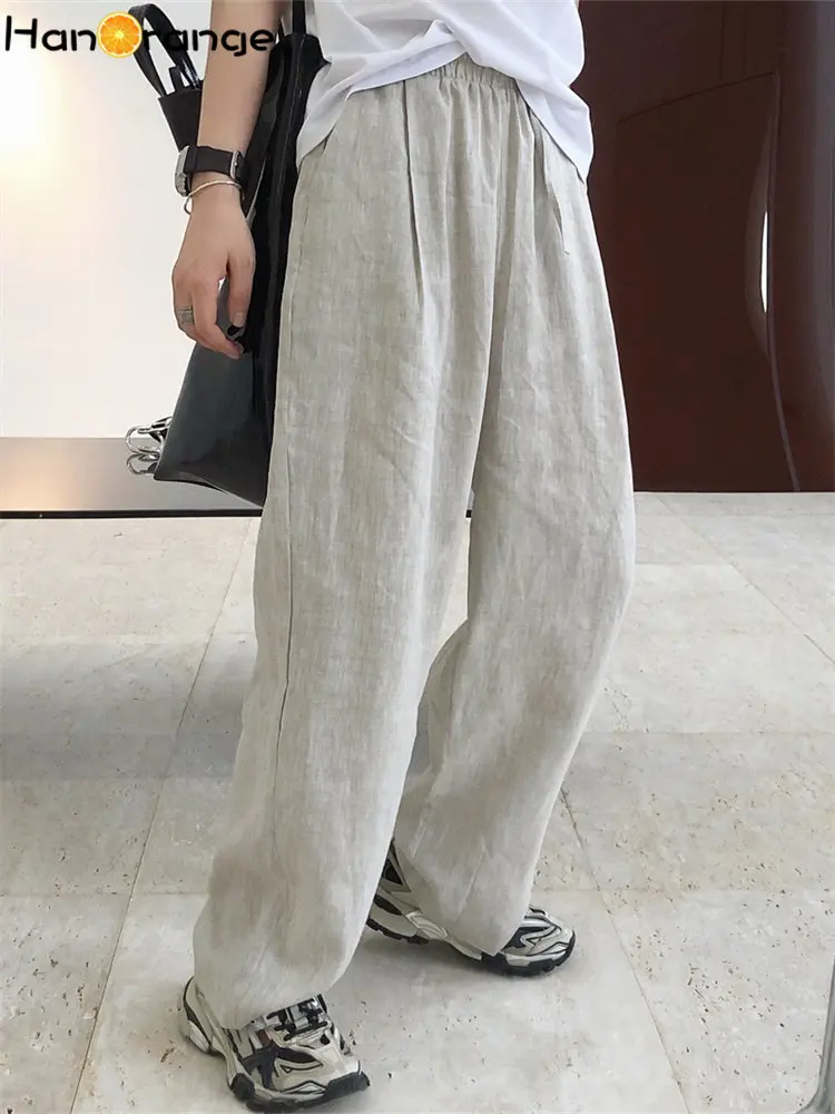 

HanOrange 2024 Summer Lazy Wide Leg Pants Pure Linen Women Loose Comfortable Cool Trousers Female Black/linen/blue-purple