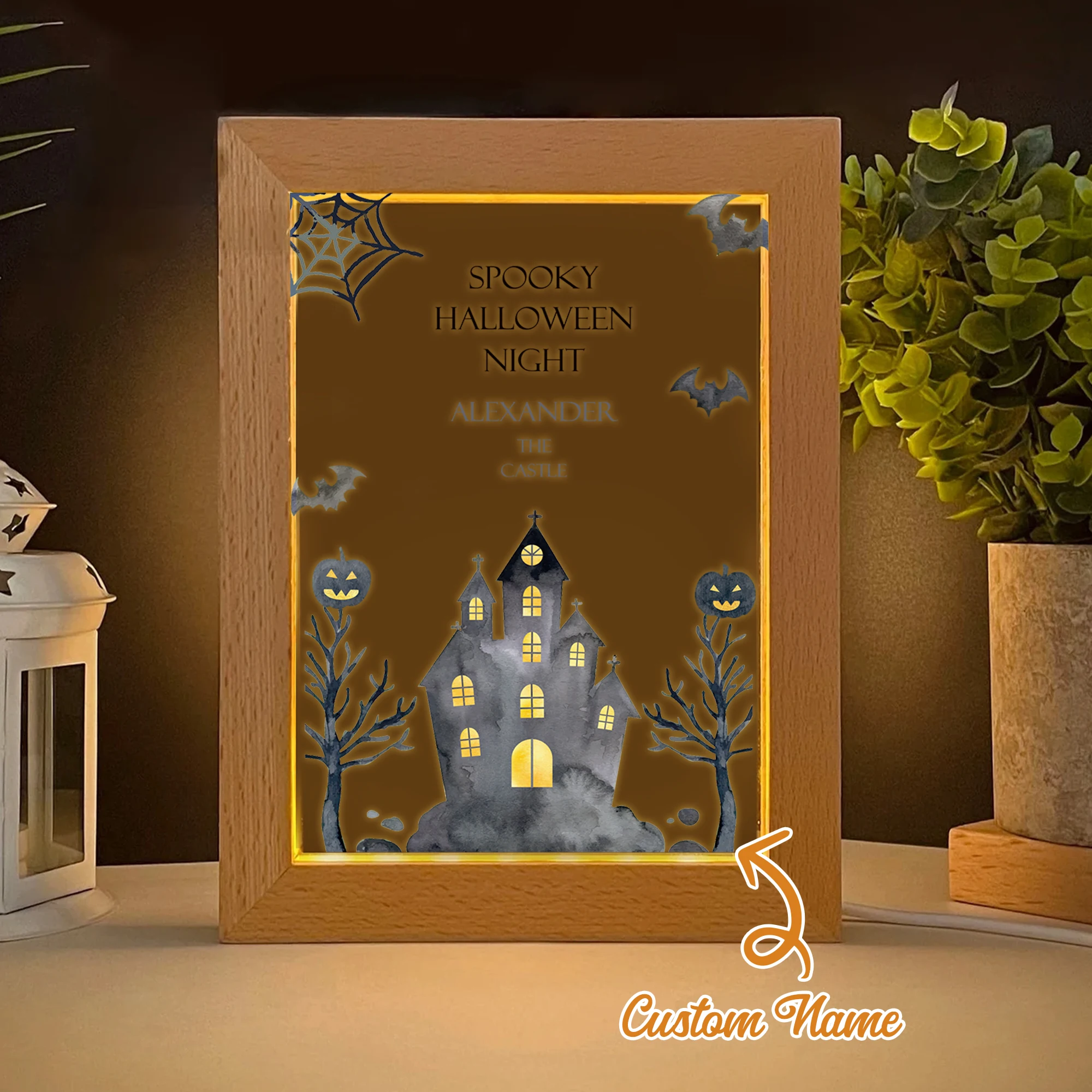 

2D Flat Custom Name Castle Horror Atmosphere LED Acrylic Night Light Wood Photo Frame 21x17cm Halloween Bedroom Gifts HomeDecor