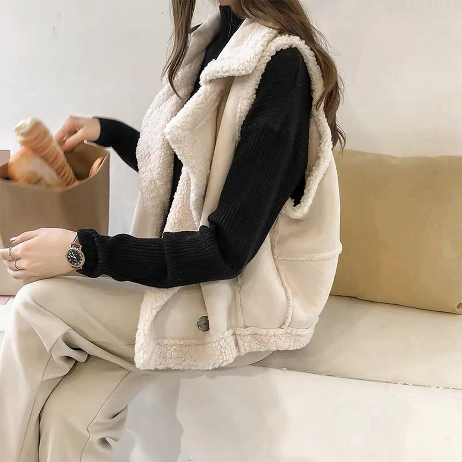 Women Fur Suede Vest Jacket Autumn Casual Button Cardigan Sleeveless Vests Female Winter Warm Outdoor Waistcoat жилетка женская