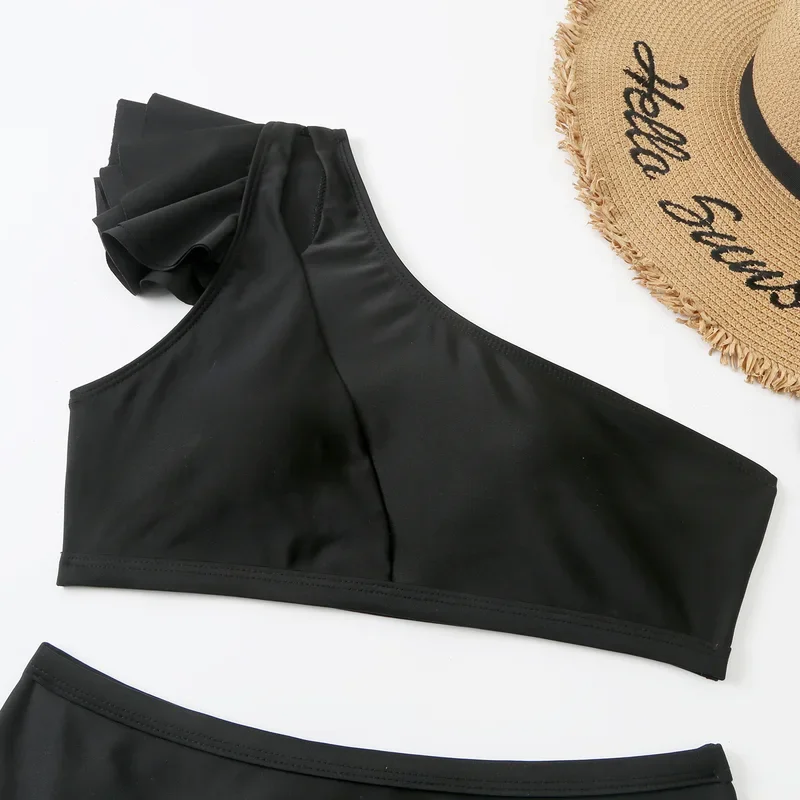 Купальник из двух предметов, женский купальник с высокой талией, однотонный купальник на одно плечо с рюшами, 2025 г., пляжный купальный костюм, пляжная одежда #   1 #   В.