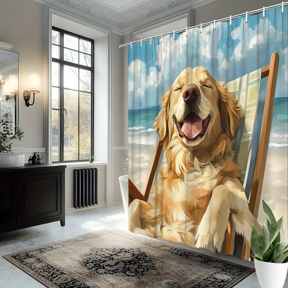 Large Dog Portrait Shower Curtain Beach Scene Golden Retriever Happy Pet Bathroom Decor Waterproof Shower Curtain