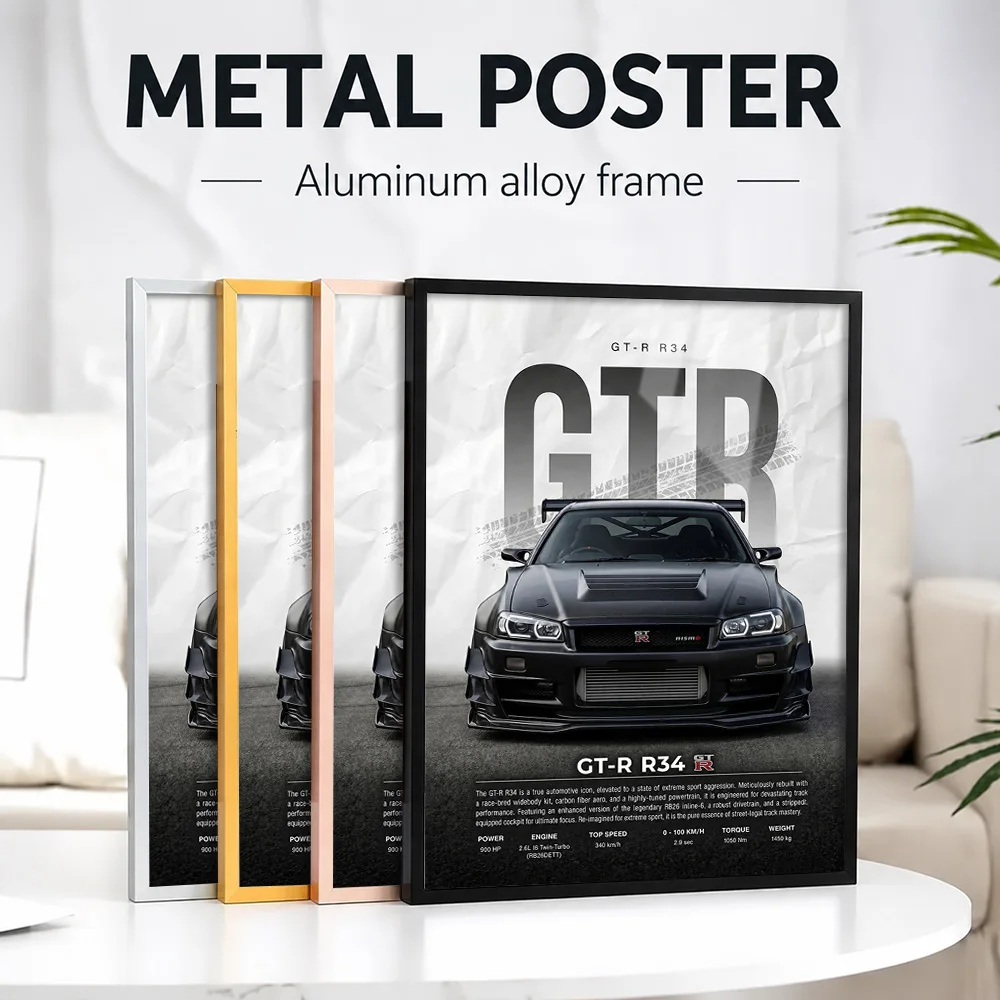 Sleek Black Japan GT-R R34 Car Metal Poster With Aluminum Alloy Frame Personalized Photo Blueprint Style Wall Art For Man Cave
