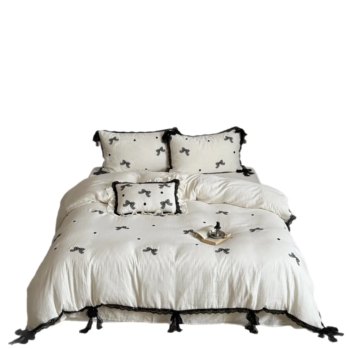 

Girl's Heart Cotton Wrinkle Yarn Four-piece Princess Wind Lace Cotton Sheet Quilt Cover 4