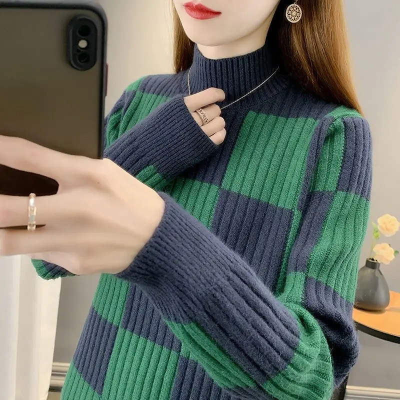 Half High Collar Checkered Loose Women's Sweater Autumn Winter Loose Thicken Inner Layer Sweater Stylish Knit Sweater for Women