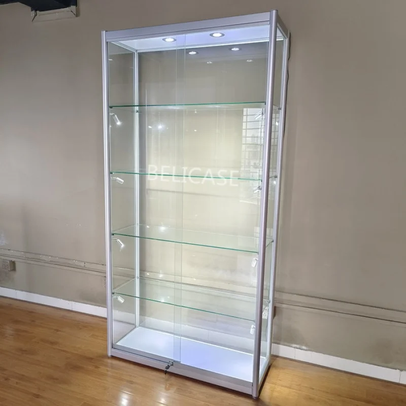 Benutzer definierte, hochwertige Aluminium rahmen Glaswand Vitrine abschließbare Schiebetüren Design Glas Display Vitrine mit LED-Licht