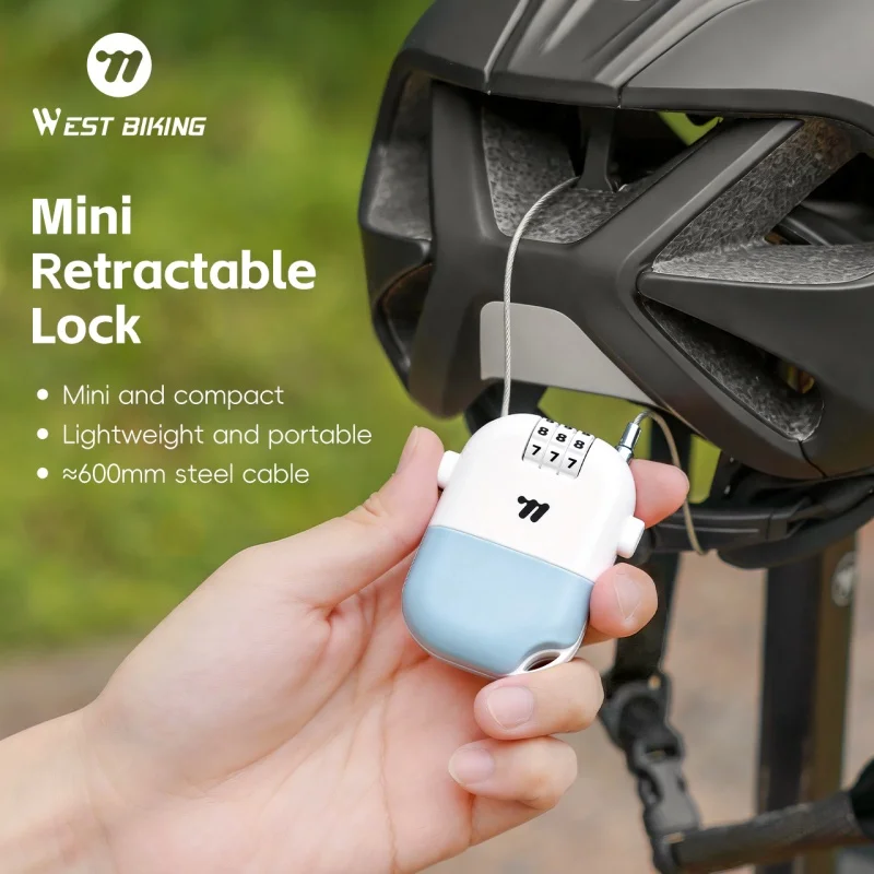 WEST BIKING Retractable Cable Lock 3-Digit Combination Anti-Theft Portable Helmet Lock with Storage Bag for Bicycle Motorcycle