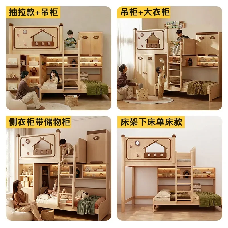 for Small Apartment Staggered Upper and Lower Beds with Pull-out Wardrobe All Solid Wood Dislocation Children's Bunk Beds