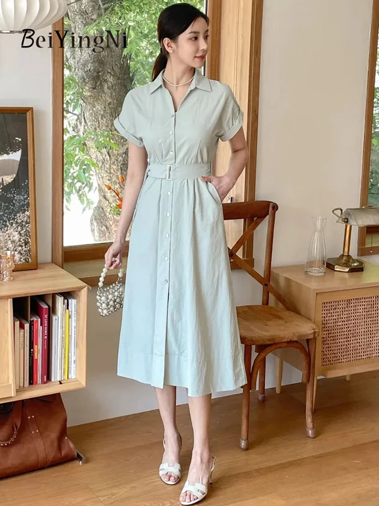 Beiyingni Women's Shirt Dress Korean Summer French Buttons Short Sleeve A-line Midi Dresses for Ladies Elegant Sashes Chic Robes