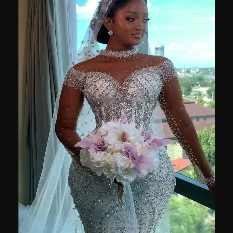 Customized Sparkly Heavy Crystals Beads Luxury Wedding Dress Sweep Train Vestidos De Novia Stunning Long Sleeves Bridal Gowns