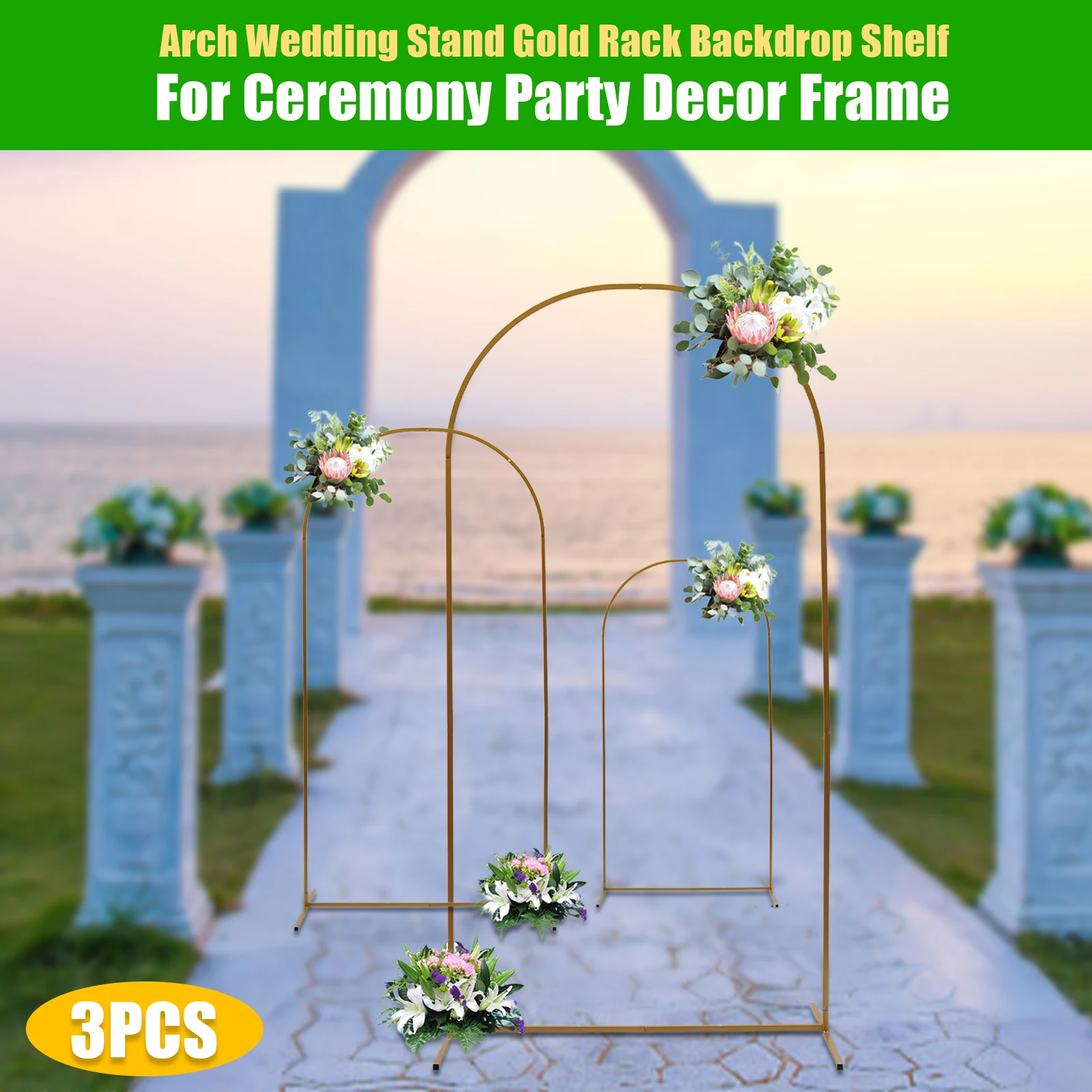 

3pcs Wedding Stand Gold Arch Backdrop Shelf For Ceremony Party Venue Decor Frame