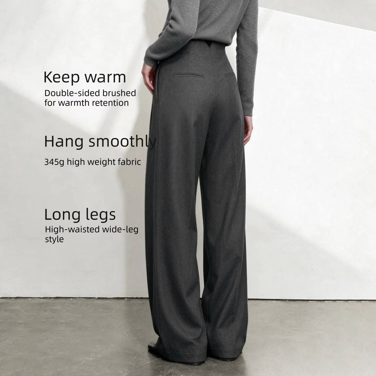 AMII Women's Casual Long Pants Double-sided Brushed TR Fabric Mid-high Waist Pleated Wide Leg Trousers Ladies Bottoms 12644041