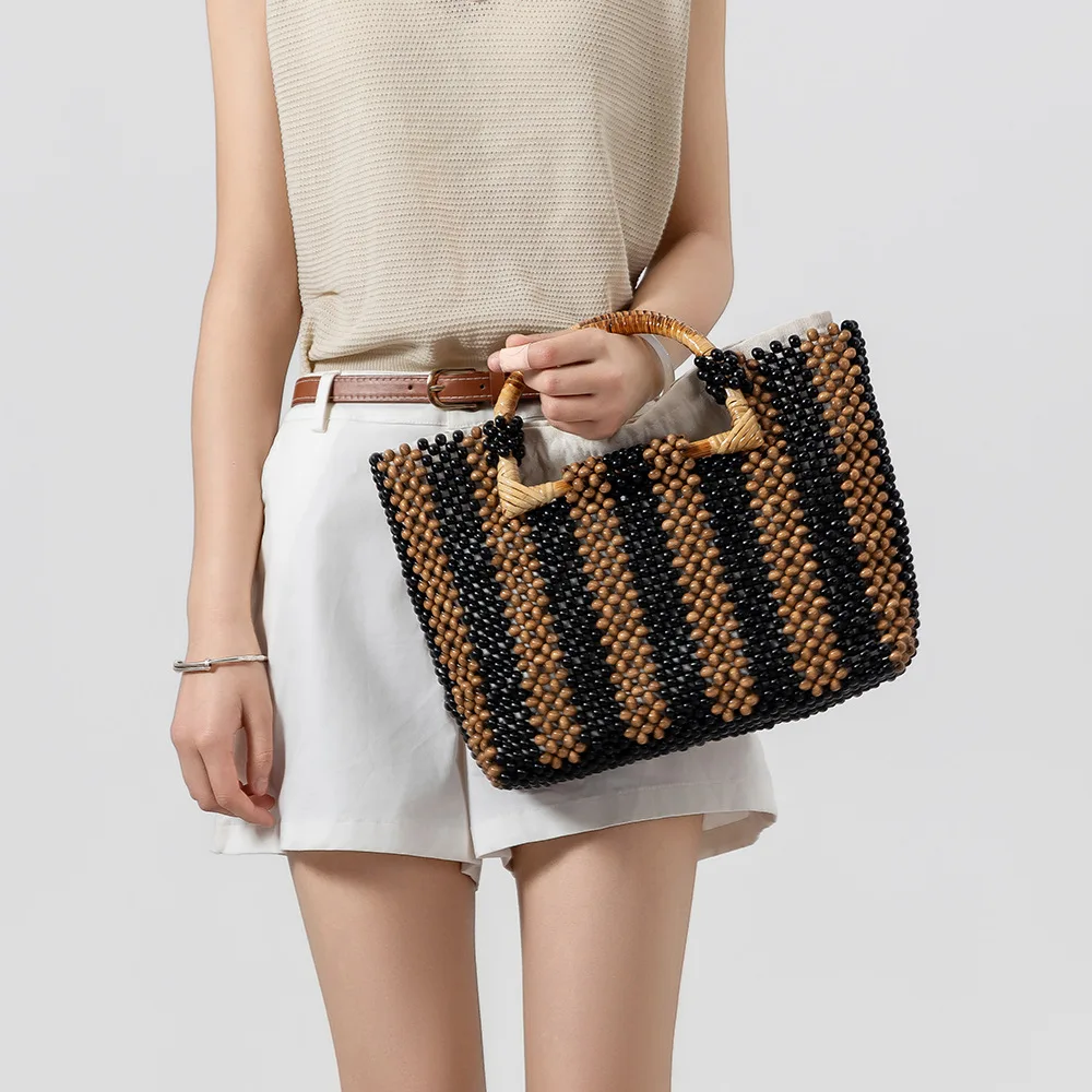 Casual Maple Beading Woven Bag Summer Color Blocking Large Wooden Bead Bag Vacation Tourism Hollow Out Handbag
