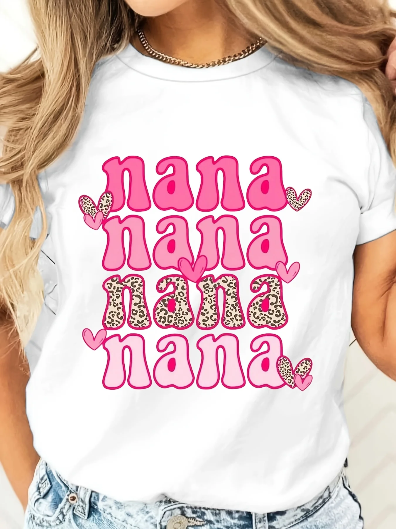 Pink Nana Text Leopard Heart Print T-Shirt, Grandma Gift Mother's Day Birthday, Family Reunion Casual Wear