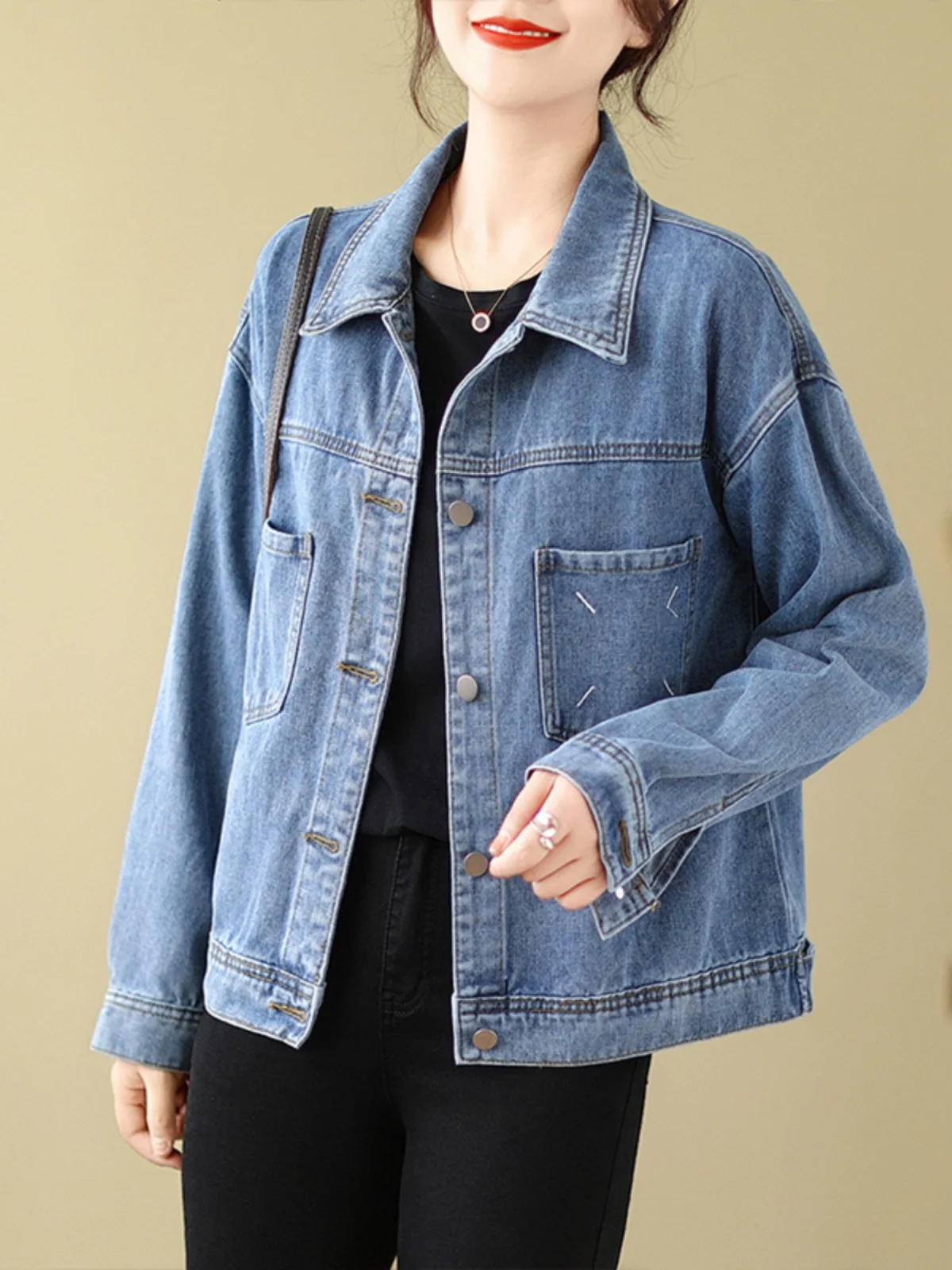 슬림하고 시원한 캐주얼 봄 가을 데님 재킷 여성 프린트 심플 패셔너블 출퇴근용 긴 소매 칼라 코트