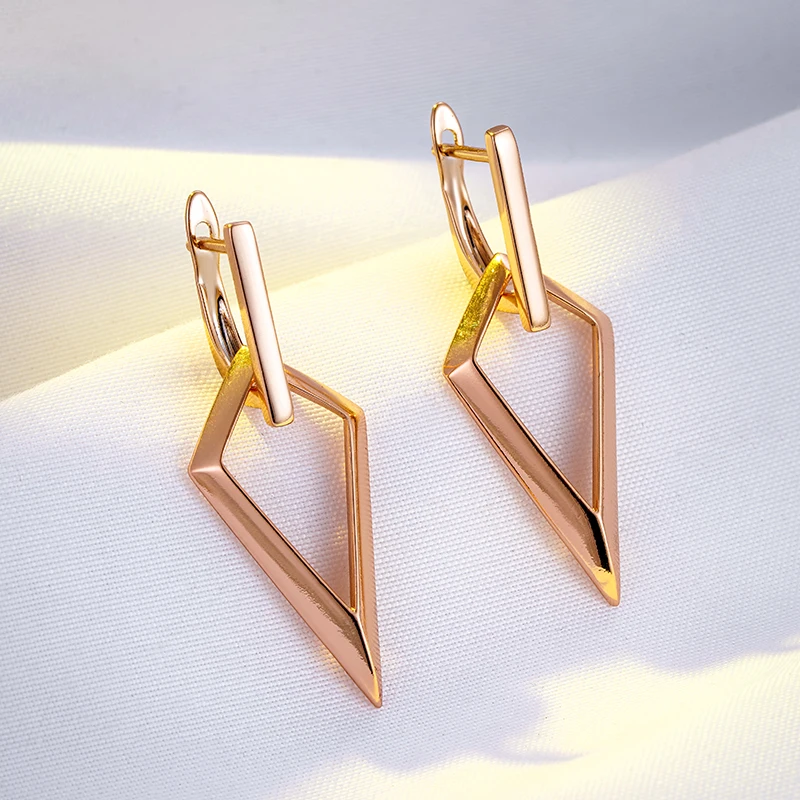 Kinel Fashion Glossy Hollow Rhombus Long Drop Earrings for Women 585 Rose Gold Simple Metal Bride Wedding Daily Party Jewelry