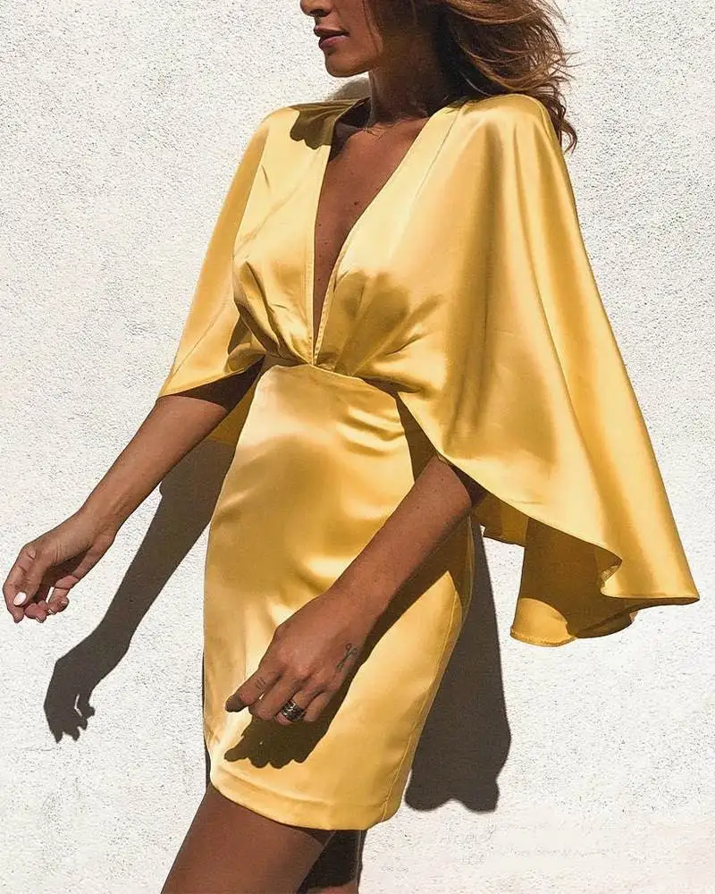 Ele Yellow Satin Dr with awl V-Neline Draped Evening Gown for Women Sli Autumn Faion Ladies' Dr