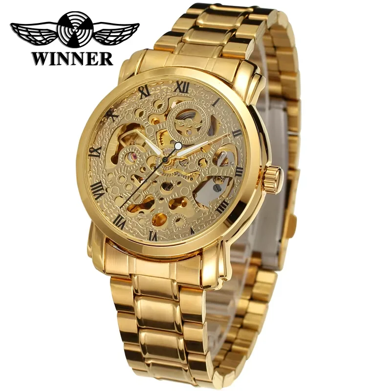 winner Trendy Roman Numerals Gold Luxury Skeleton Dial Men's Business Automatic Manipulator Watch