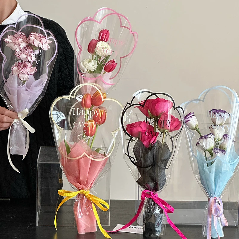 50pcs Transparent Bouquet Packaging Bags Cute Ins Style Multiple Branch Florist Rose Flower Wrapping Paper Street Stall Gift