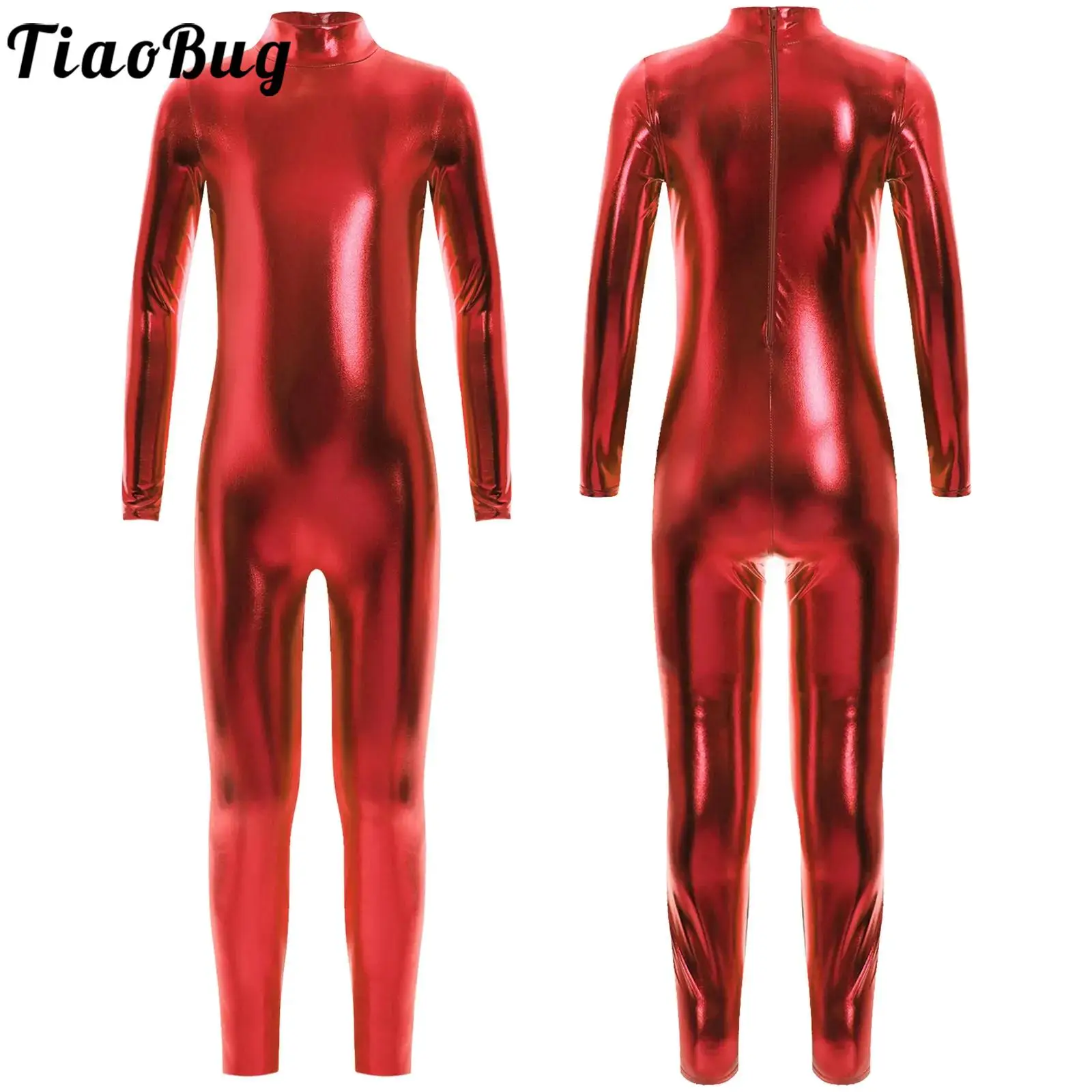 

Boys Girls Metallic Jumpsuit Long Sleeve Full Length Unitard Ballet Dancewear Gymnastics Leotard Dancing Performance Bodysuit