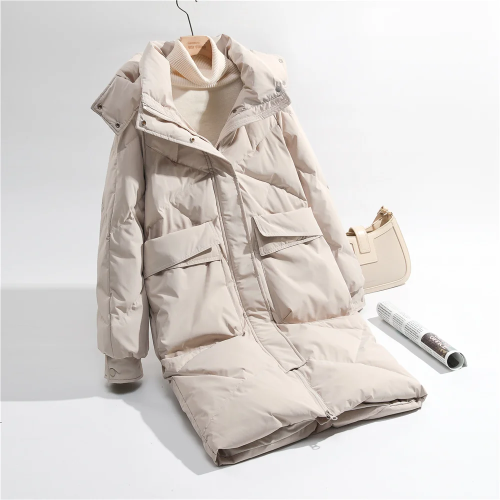 2023 Winter Fashion Women Down Coat Hooded Thickened Loose SizeWomen 90% White Duck Down Coat Warm Mid Length Snow Wear Overcoat