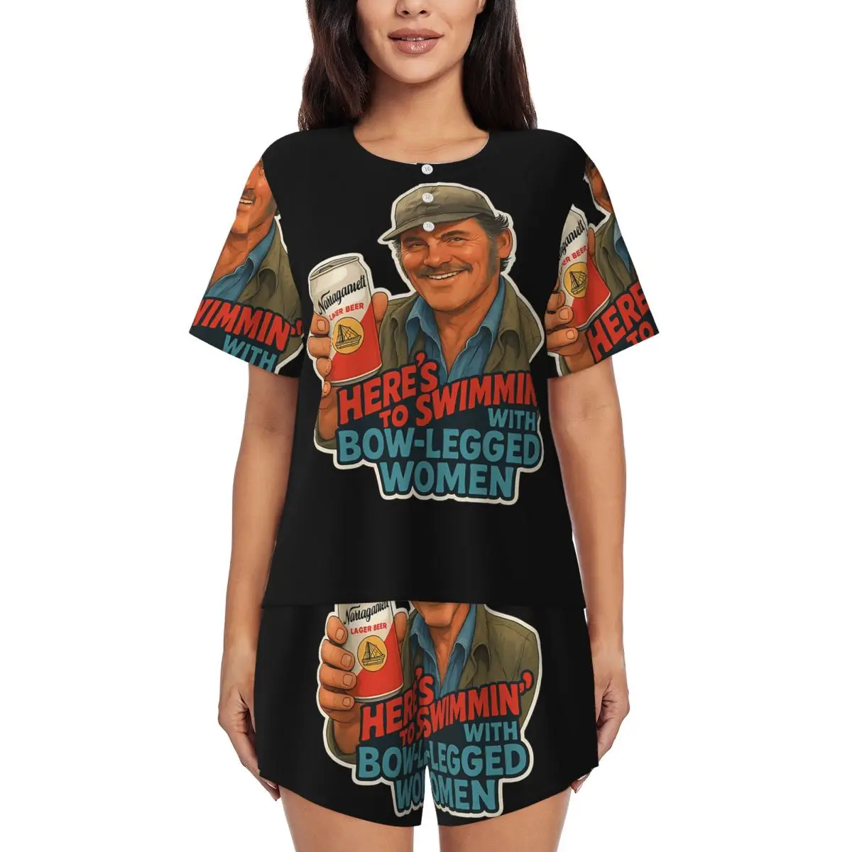 

Ночные рубашки с круглым вырезом и короткими рукавами с цитатой из фильма Heres To Swimmin Quint Jaws для женщин, мягкий пижамный комплект с короткими штанами