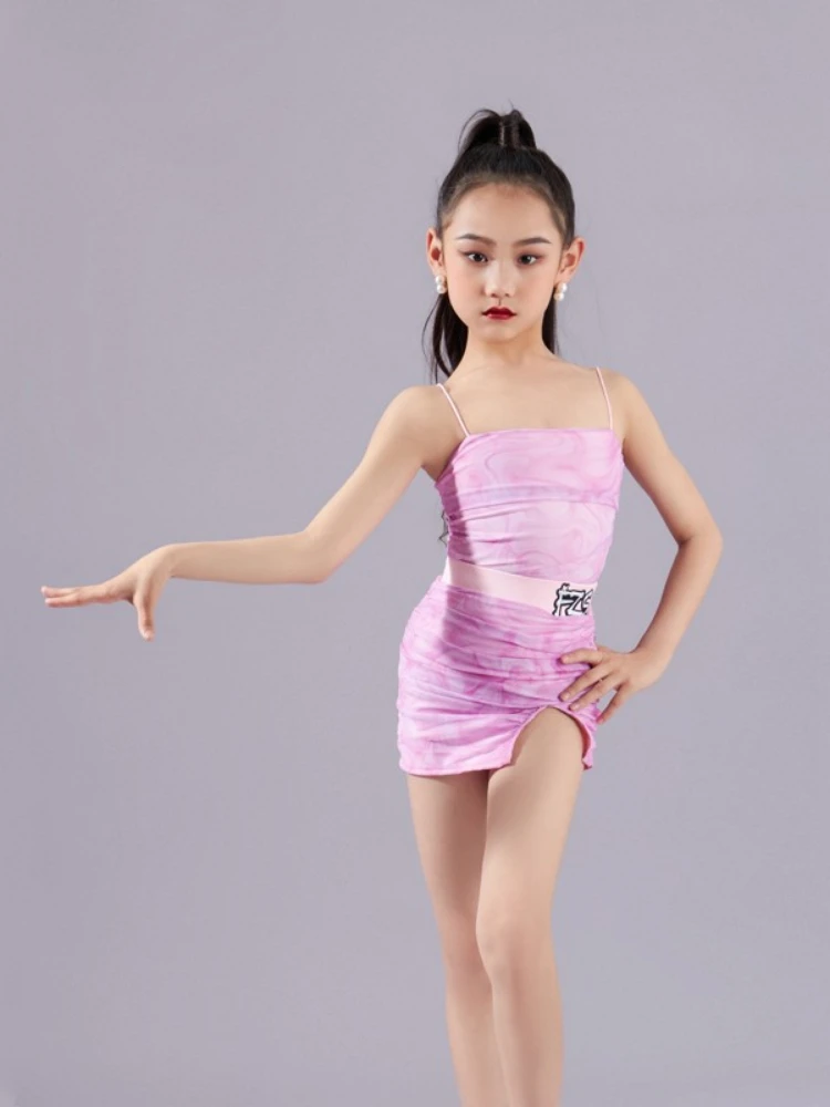 op maat gemaakte dames volwassen meisjes Latin danskostuum high-end gevoel praktijk outfit roze jarretel set prestaties franje jurk