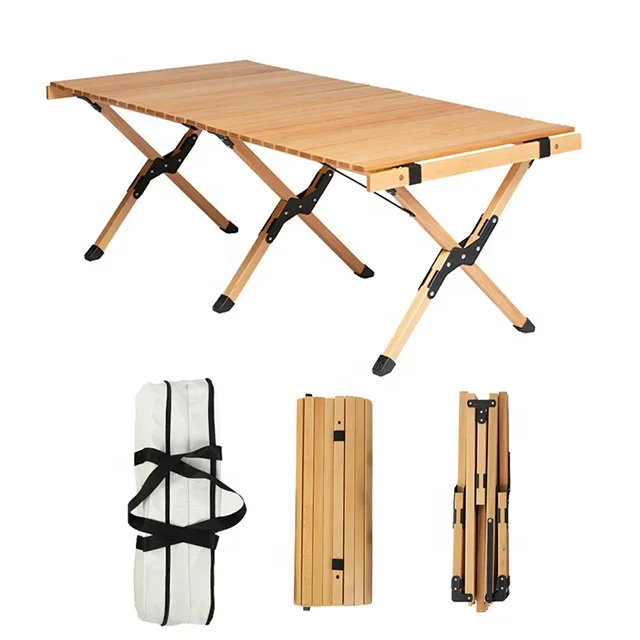 Outdoor Foldable Portable Beech Wood Egg Roll Table Camping Picnic Folding Table Outdoor Table