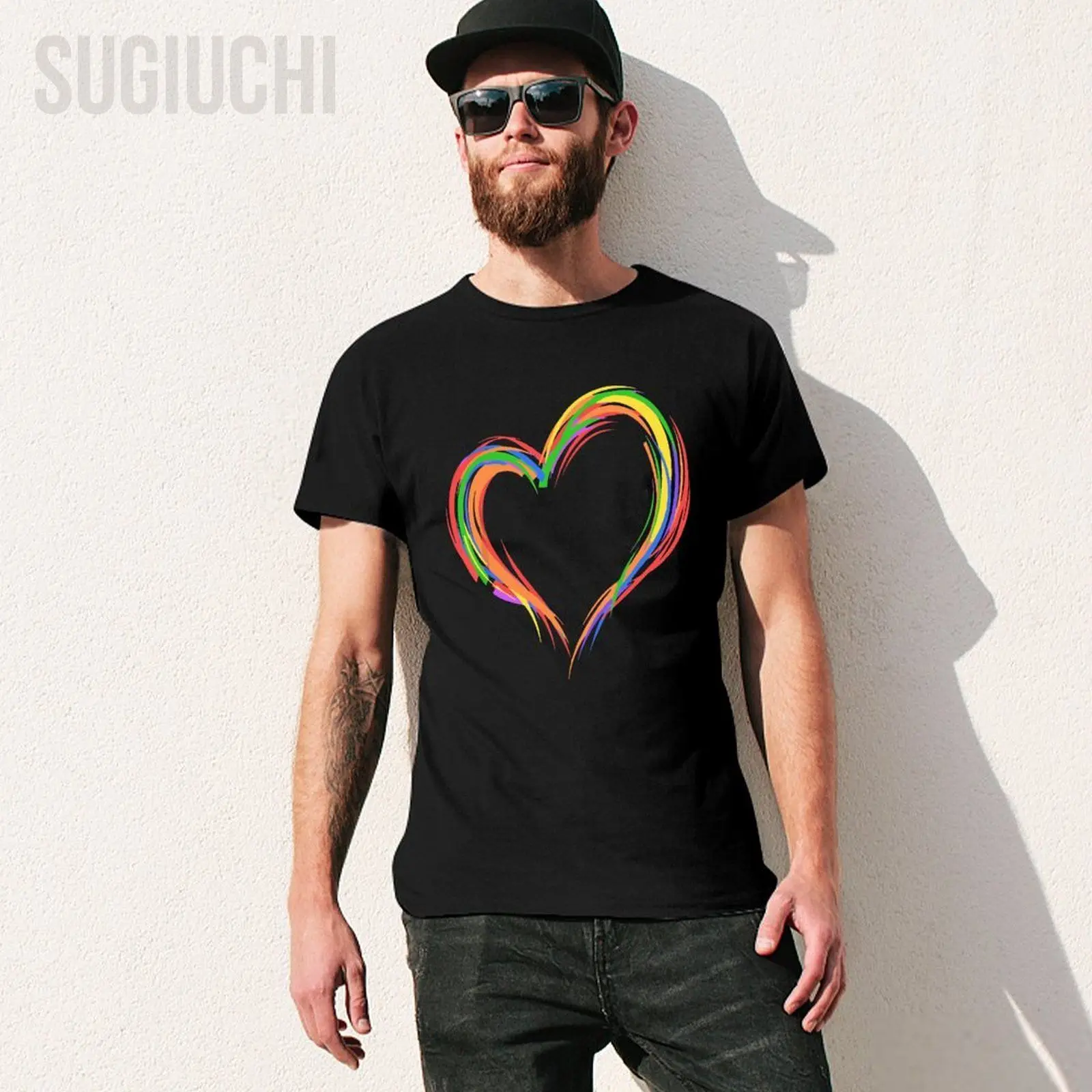 Unisex Men Heart Rainbow Flag LGBT Gay Les Pride Support LGBTQ Parade Tshirt Tees T Shirts Women Boys 100% Cotton T-Shirt
