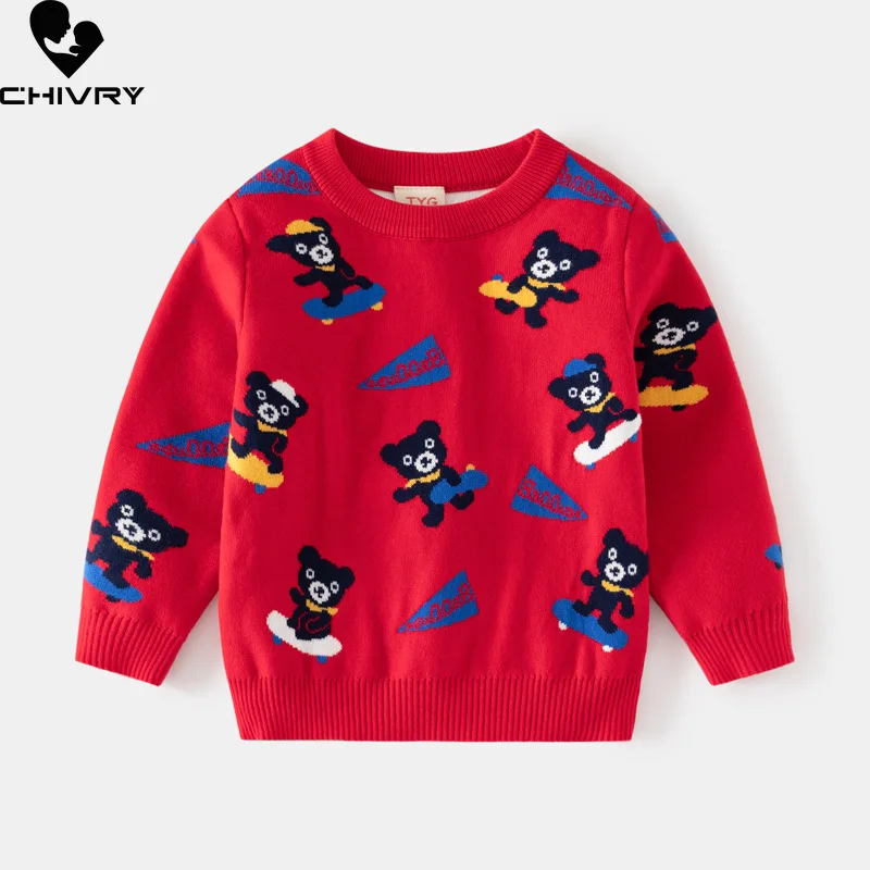 Baby Boys Autumn Winter Thick Pullover Sweater New 2023 Kids Cartoon Bear Jacquard Round Neck Warm Knitted Jumper Sweaters Tops