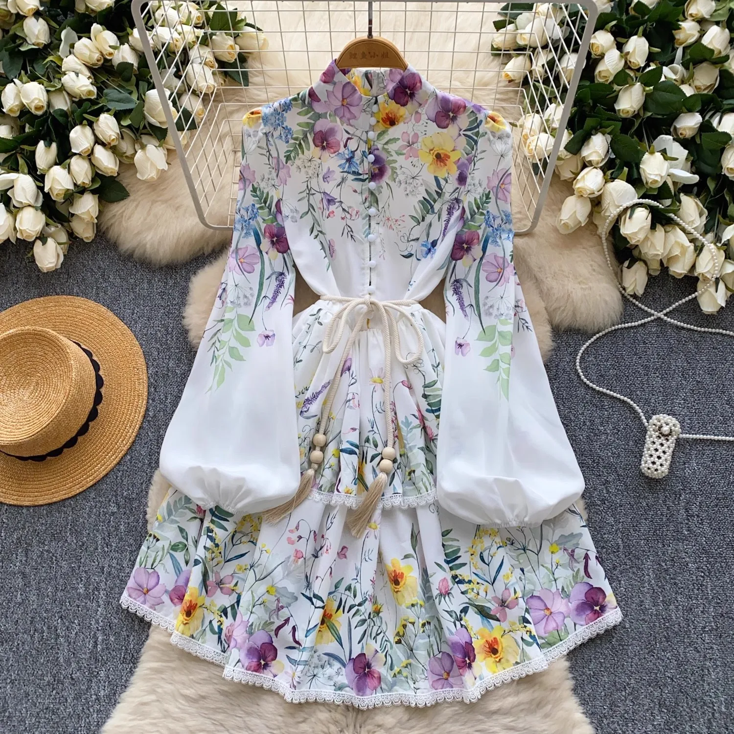 

2025 Summer Gorgeous Flower Lace Splice Cake Dress Women's Stand Long Lantern Sleeve Single Breasted Belt Lace Up A Line Vestido