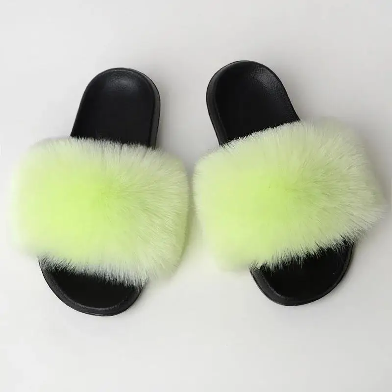 Monochrome Solid Color Imitation Fox Fur Slippers Women Summer Fashion Simple Indoor Non-Slip Fluffy Fox Fur Sandals