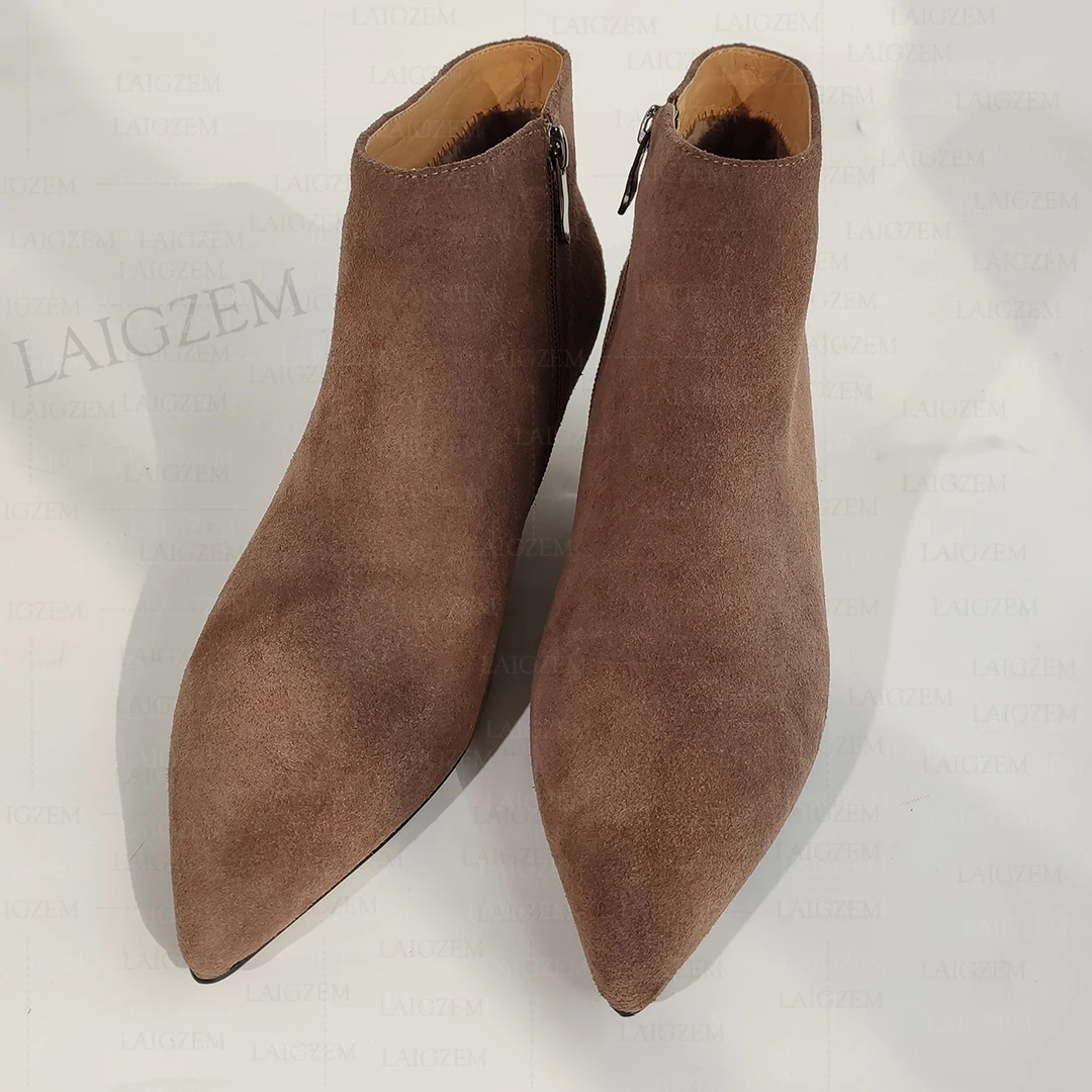 LAIGZEM Women Ankle Boots Suede Pointed Toe Side Zip 3.5CM Kitten Heels Short Booties Handmade Ladies Shoes Woman Size 33 36 40